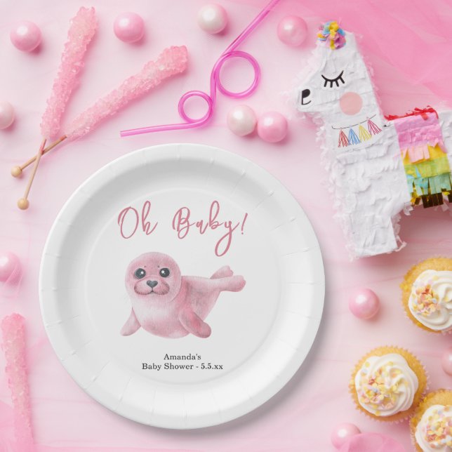 Plato De Papel Baby Shower de sellos rosados (Fiesta)