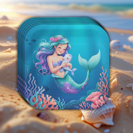 Plato De Papel Baby Shower de sirena azul bajo el mar