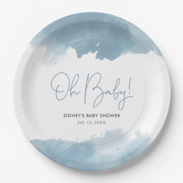 Plato De Papel Baby Shower de Sky Blue Watercolor (Anverso)