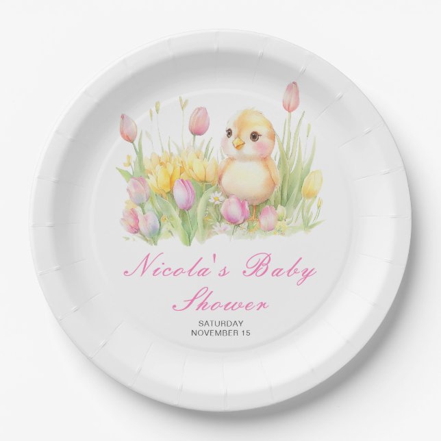 Plato De Papel Baby Shower de Spring Chick (Anverso)