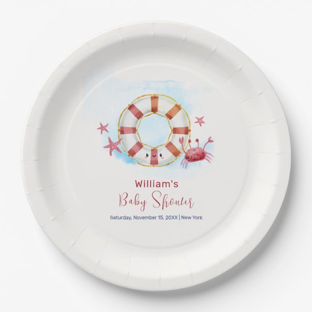 Plato De Papel Baby Shower de Starfish Nautical Crab (Anverso)