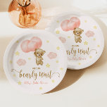 Plato De Papel Baby Shower de Teddy Bear and Pink Balloons<br><div class="desc">Este es un juego de papel de Baby Shower con temas de Oso de Teddy y Globos rosados. ¡Podemos esperar! chica,  ducha de bebé,  chica de chicas,  animal relleno,  osos de peluche,  apenas podemos esperar</div>