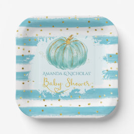 Plato De Papel Baby Shower de tiras azules de calabaza