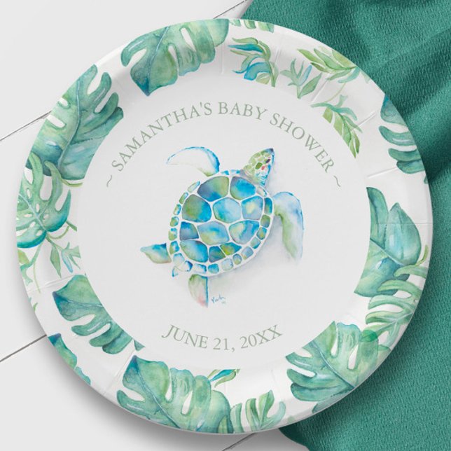Plato De Papel Baby Shower de tortuga marina tropical personaliza (paper plates sea turtle custom watercolor art by Victoria Grigaliunas)