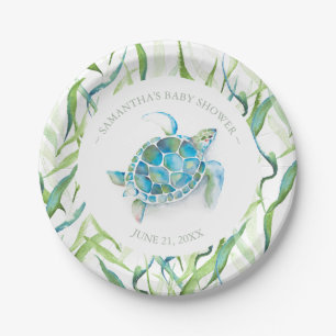 Plato De Papel Baby Shower de tortuga tropical azul y verde del m