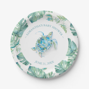 Plato De Papel Baby Shower de tortuga tropical azul y verde del m