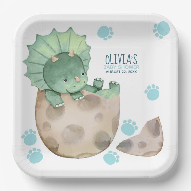 Plato De Papel Baby Shower de Triceratops Dinosaur Boy (Anverso)