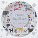 Plato De Papel Baby Shower de un animal personalizado divertido<br><div class="desc">Con todo tipo de jungla,  safari,  zoológicos,  mascotas,  aves y vida salvaje. Un monstruo y un dinosaurio podrían haberse colado ahí también. Perfecto para la celebración de la ducha de bebé de un amante de los animales. Cambie el texto a personalizar. Arte original de Nic Squirrell.</div>