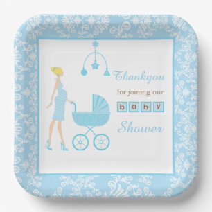 Plato De Papel Baby Shower de una mujer morena de damasco azul