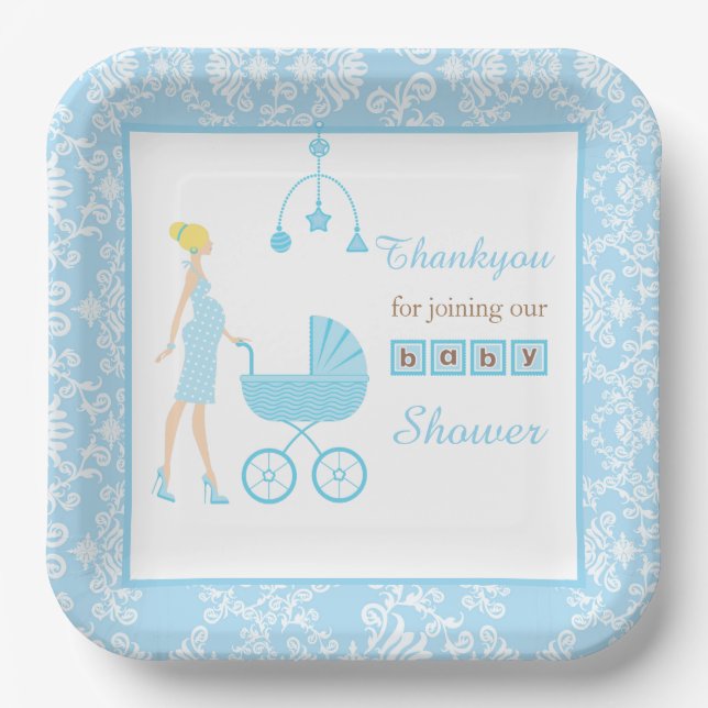 Plato De Papel Baby Shower de una mujer morena de damasco azul (Anverso)