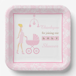 Plato De Papel Baby Shower de una mujer rubia de Damask rosa
