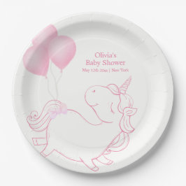 Plato De Papel Baby Shower de unicornio con globo rosa