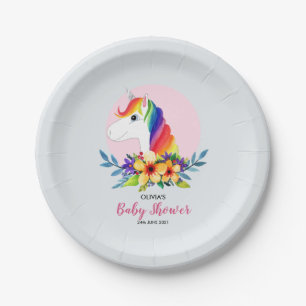 Plato De Papel Baby Shower de unicornio y flores chifladas