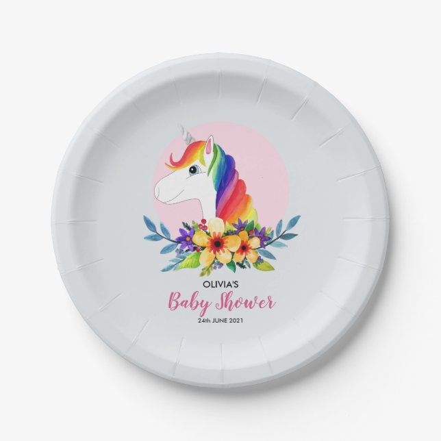 Plato De Papel Baby Shower de unicornio y flores musicales (Anverso)