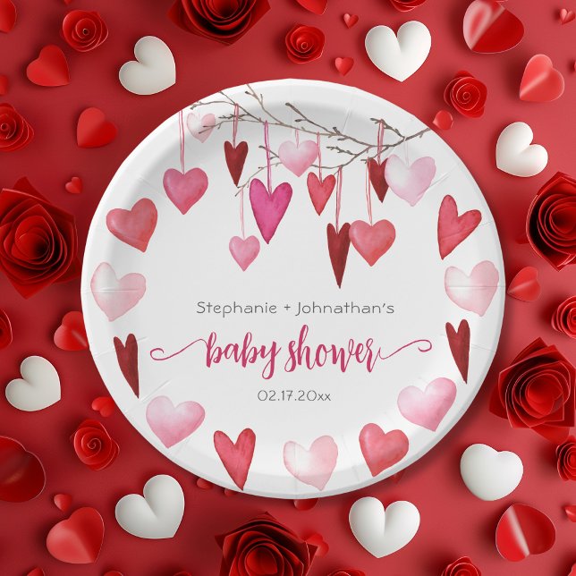 Plato De Papel Baby Shower de Valentine Pink Hearts (Valentine Pink Hearts Baby Shower Paper Plates)