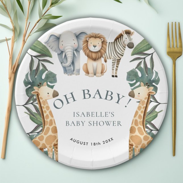 Plato De Papel Baby Shower de vegetación de Safari Animal de la S (Jungle Animal Safari Greenery Baby Shower Paper Plates)