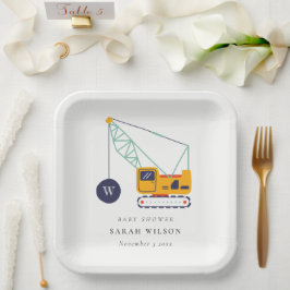 Plato De Papel Baby Shower de vehículo de grúa de construcción de