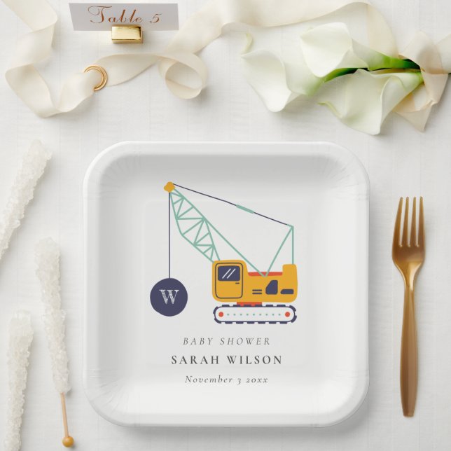 Plato De Papel Baby Shower de vehículo de grúa de construcción de (Boda)