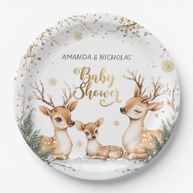 Plato De Papel Baby Shower de venado de invierno de nieve (Anverso)