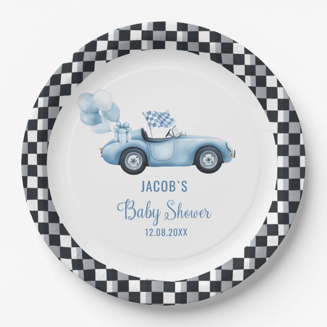 Plato De Papel Baby Shower de Watercolor Race Car (Anverso)