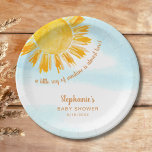 Plato De Papel Baby Shower de Yellow Sunshine Boho<br><div class="desc">Estas placas de papel para la ducha de bebé contienen el texto "¡Un pequeño rayo de sol está casi aquí!" con un sol color de agua amarillo y cielo azul. Perfecto para una ducha para bebés sin diferencias de género. Personalizable fácil. Utilice la Herramienta de diseño para cambiar el tamaño,...</div>