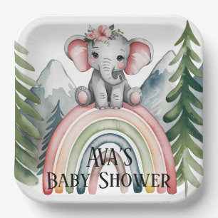 Plato De Papel Baby Shower del arco iris del Elefante Whimsical