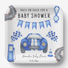 Plato De Papel Baby Shower del auto de la carrera azul de color d