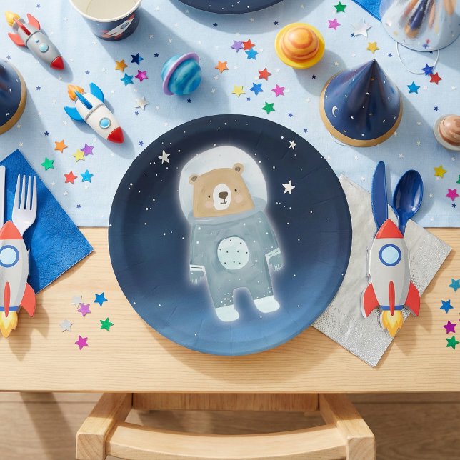 Plato De Papel Baby Shower del espacio de oso astronauta azul (Blue Astronaut Bear Space Baby Shower Paper Plates.)