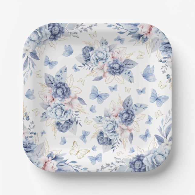 Plato De Papel Baby Shower del niño de las mariposas doradas y az (Anverso)