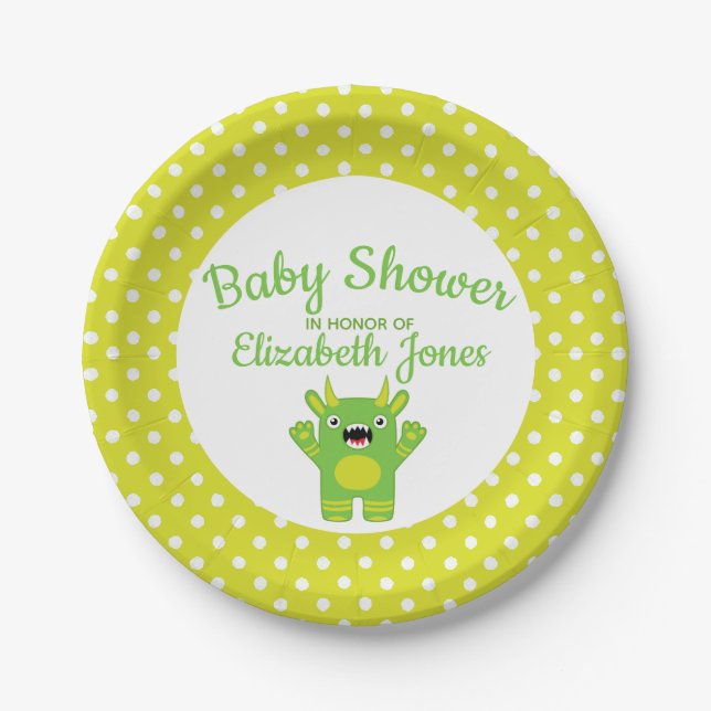 Plato De Papel Baby Shower del pequeño monstruo verde de Stripey (Anverso)
