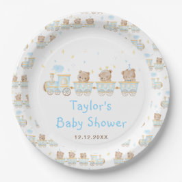 Plato De Papel Baby Shower del tren azul del oso
