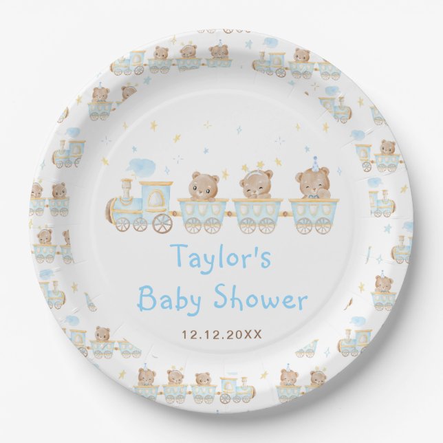 Plato De Papel Baby Shower del tren azul del oso (Anverso)