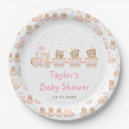 Plato De Papel Baby Shower del tren rosa del oso