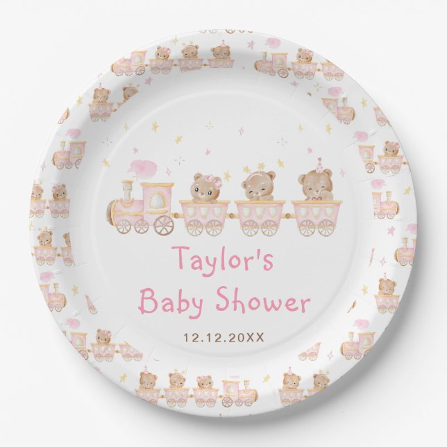 Plato De Papel Baby Shower del tren rosa del oso (Anverso)