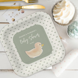 Plato De Papel Baby Shower Duck Heart Dots Couples Cute Chica