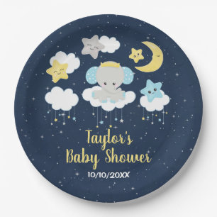 Plato De Papel Baby Shower elefante amarillo y naval