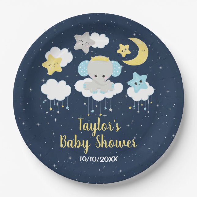 Plato De Papel Baby Shower elefante amarillo y naval (Anverso)