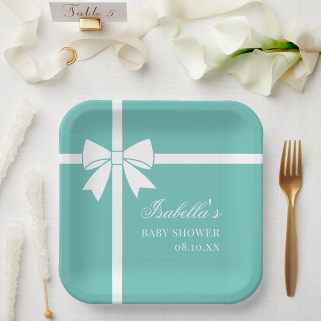 Plato De Papel Baby Shower Elegante De Cinta Azul Y Blanco Verde  (Boda)