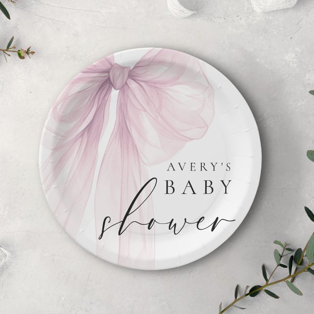 Plato De Papel Baby Shower Elegante de Lazo Rosa (Subido por el creador)