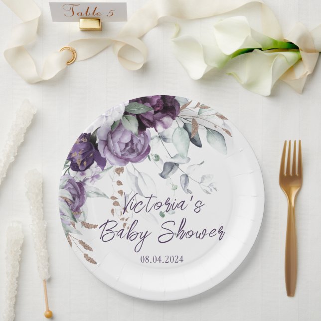 Plato De Papel Baby Shower elegante de Purple Floral Heart (Boda)