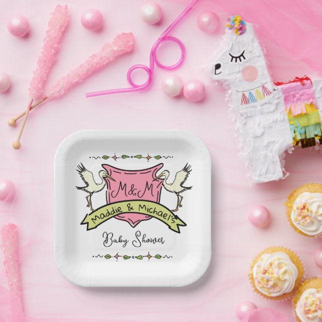 Plato De Papel Baby Shower Escudo de cigüeña dibujado por mano (Fiesta)