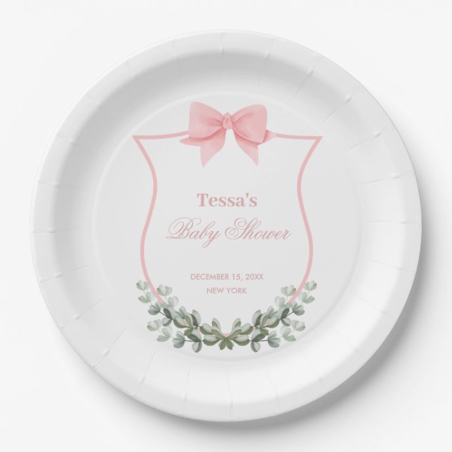 Plato De Papel Baby Shower Escudo de Eucaliptus Bow Elegante Rosa (Anverso)