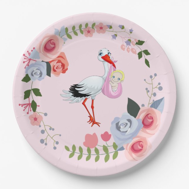 Plato De Papel Baby Shower especial de Stork Floral (Anverso)