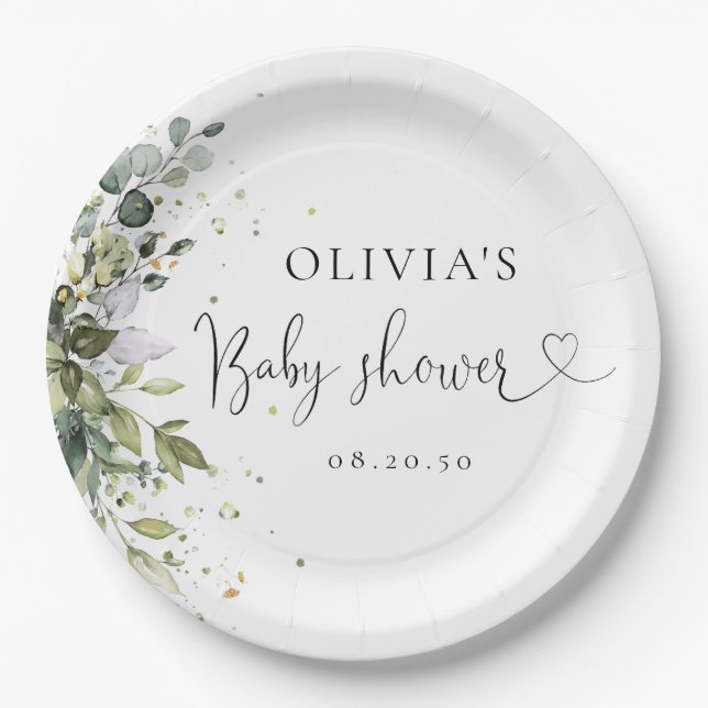 Plato De Papel Baby Shower Eucalyptus Floral Greenery (Anverso)