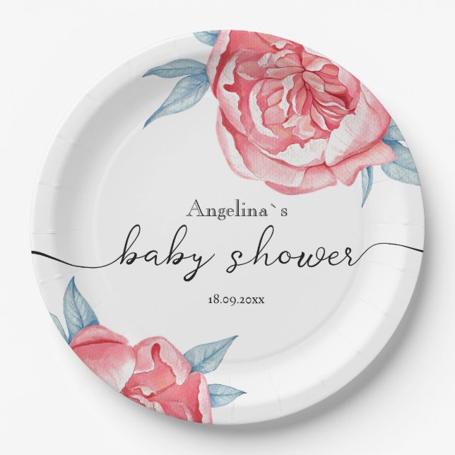 Plato De Papel Baby Shower Fiesta Plates Watercolor Peonies (Anverso)