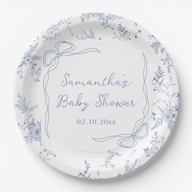 Plato De Papel Baby Shower floral Blue Bow (Anverso)