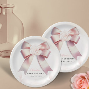 Plato De Papel Baby Shower floral Bow rosa