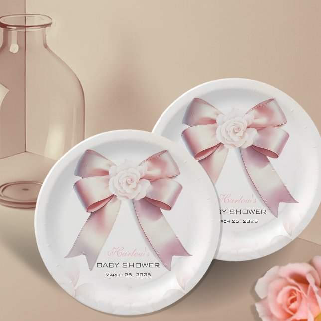 Plato De Papel Baby Shower floral Bow rosa (Subido por el creador)