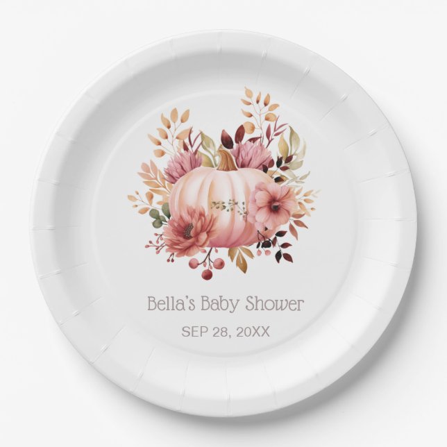 Plato De Papel Baby Shower floral de calabaza rosa (Anverso)