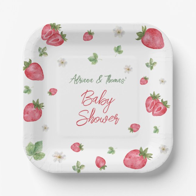 Plato De Papel Baby Shower Floral de fresa rosa (Anverso)